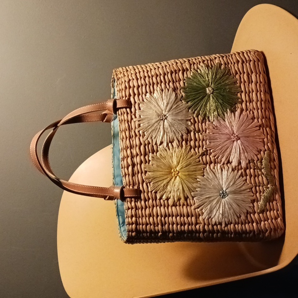 Kate Spade Vintage 90s Raffia Floral Straw Tote